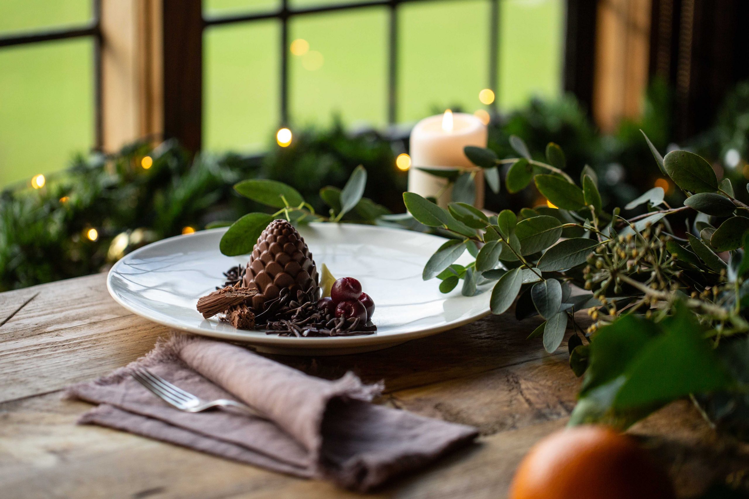 Chocolate festive mousse with cherries Hogarths restaurant